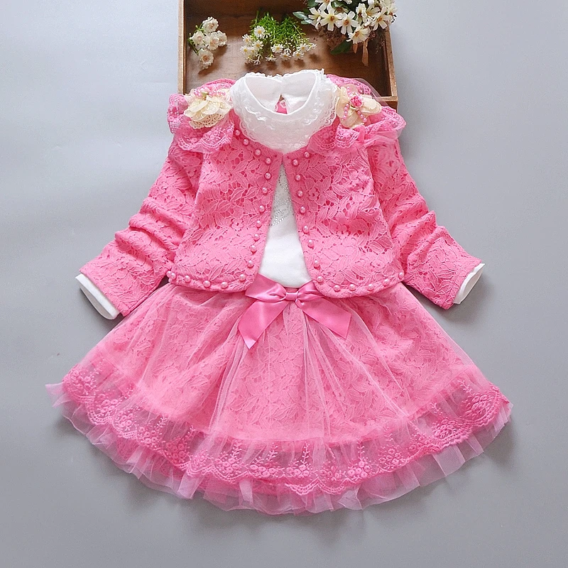 1-8 Years Lovely Kids Girls Clothing Sets 3pcs Short Outwear Jacket+Long Sleeve Shirt+Skirts New Autumn Toddler Girls Suits B333