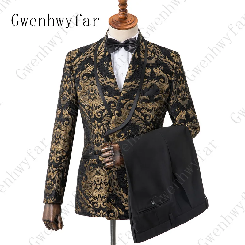 

Gwenhwyfar Men's Golden Velvet Floral Print Wedding Suit 3 Pieces Slim Fit Blazer Vest Pants Designs Stage Costumes For Singers