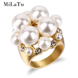 Trendy Wedding Bands For Women Stainless Steel Rhinestone Imitation Pearl Studded Ring Party Jewellery Gift R878G