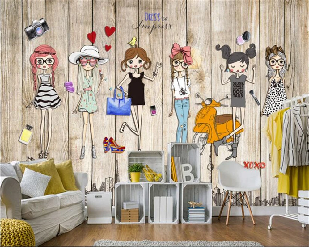 beibehang Fashion silk cloth 3d wallpaper Hand painted wooden plank three-dimensional fashion girl background illustration