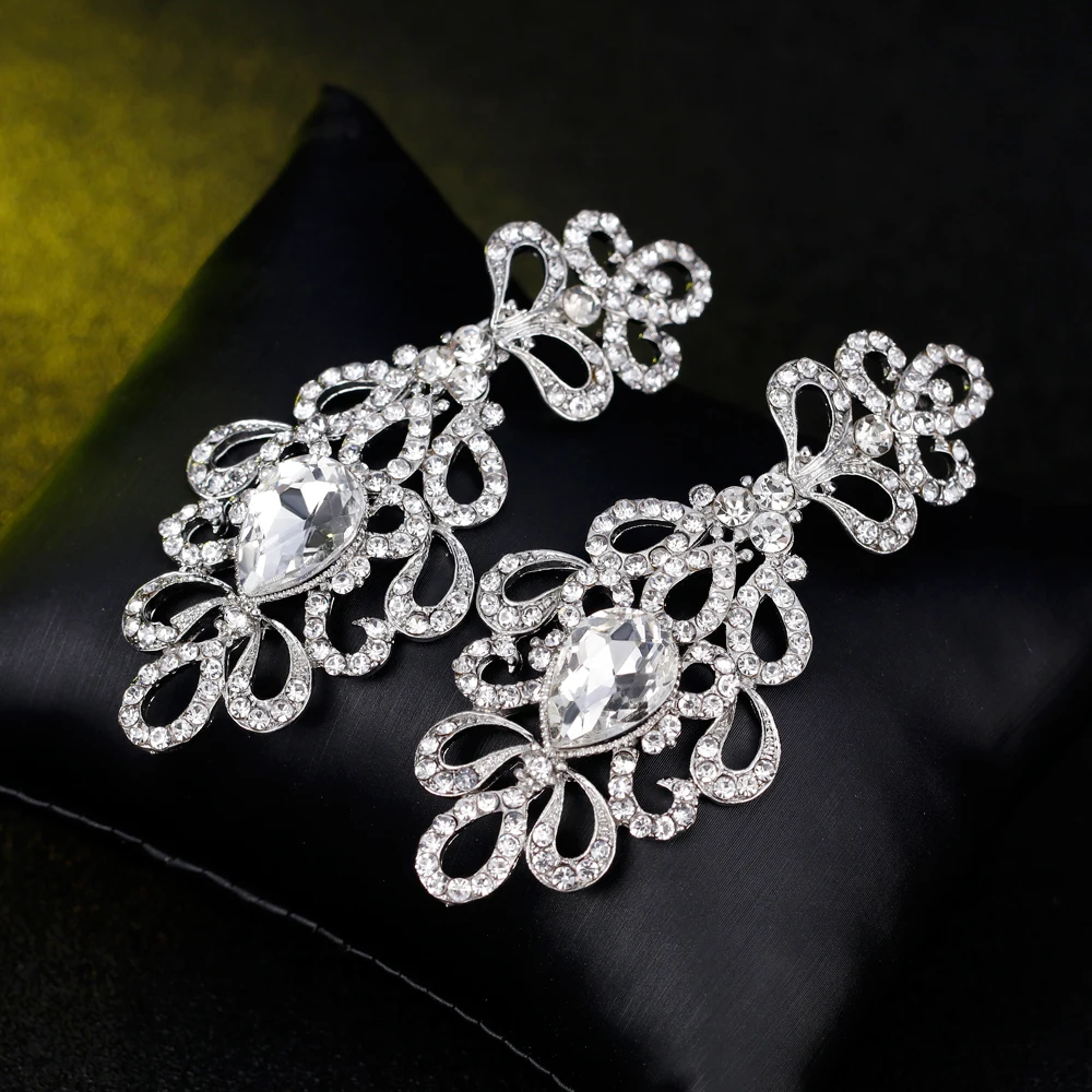 TREAZY Luxury Crystal Floral Bridal Long Earrings Silver Color Rhinestones Wedding Party Drop Earrings Femme Jewelry Accessories