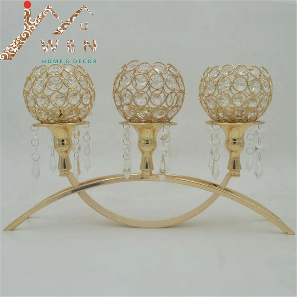 

IMUWEN Top rated golden plated 3-arms metal candle holder with crystal pendants for home decoration or wedding candelabra