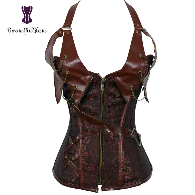 Corsetto gotico in ecopelle con scollo all\'americana con cerniera frontale di alta qualità marrone Steampunk abbigliamento donna corsetti e bustini