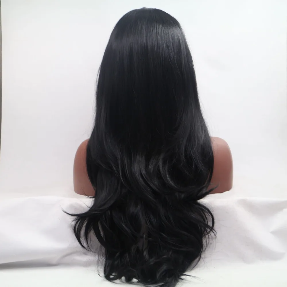 Sylvia 1b# Black Hair Long Natural Wave Wig Synthetic Lace Front Wigs Heat Resistant Fiber Hair For Black Women