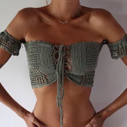 Top de Bikini con borlas para mujer, traje de baño con mangas, Top de encaje de ganchillo, traje de baño