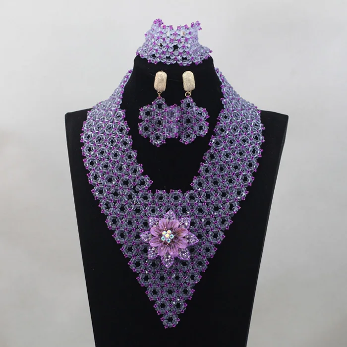 

Romantic Trendy New Lilac African Beads Jewelry Set Handmade Seed Bead Weaved Crystal Statement Necklace Set Free ShppingABL835