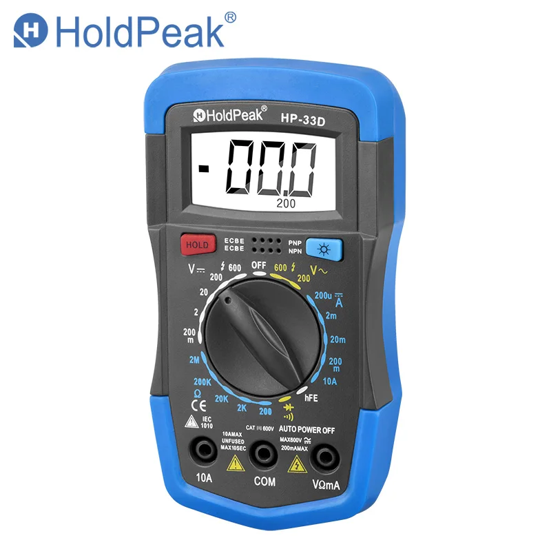 

HoldPeak HP-33D Professional Smart Manual Multimeter DC AC Voltage Current Resistance Diode hFE Battery Test Data Hold