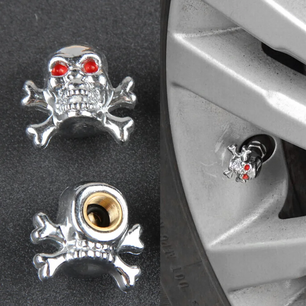 4Pcs Sliver Universal Fancy Pirate Skull Tire Tyre Air Valve Stem Caps for Auto Car Truck Motorcycle Bike Wheel Rims