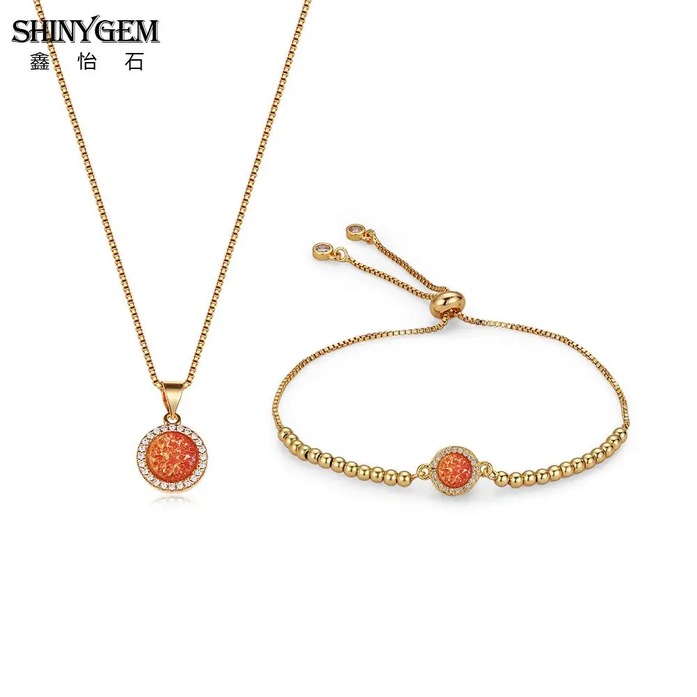 

ShinyGem Natural Crystal Box Chain Gold Plating Necklaces/Bracelets Classic Sparkling Round Druzy Jewelry Set Zirconia For Women