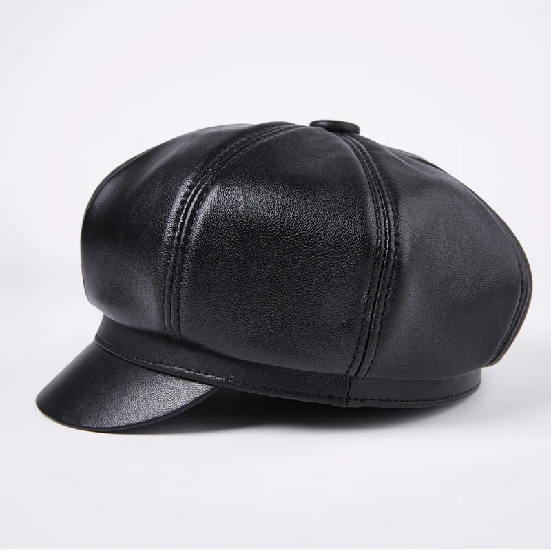 Genuine Leather Men Women Solid Color 8 Panel Design Gatsby Flat Cap Classic Newsboy Style Beret Hat Black Painter C  B-7210