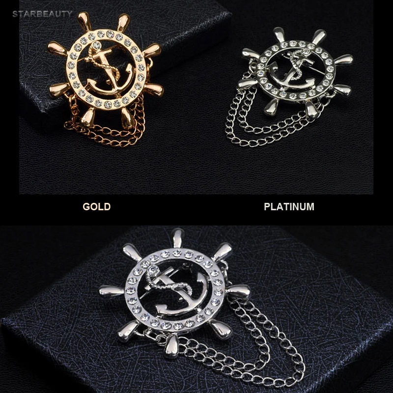 Golden Rudder Anchor Brooch Mens Suit Boutonniere Badge Korean Brooches for Men Lapel Pin Women Broches Chain Christmas Gift