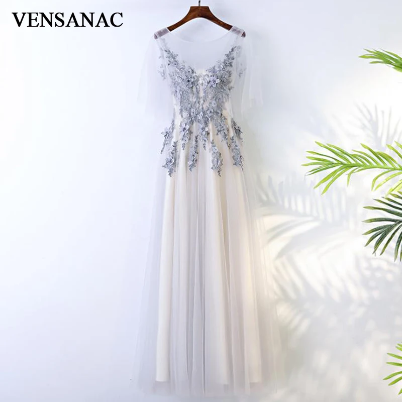 

VENSANAC O Neck Flowers Appliques A Line Long Evening Dresses Elegant Lace Party Pearls Backless Prom Gowns