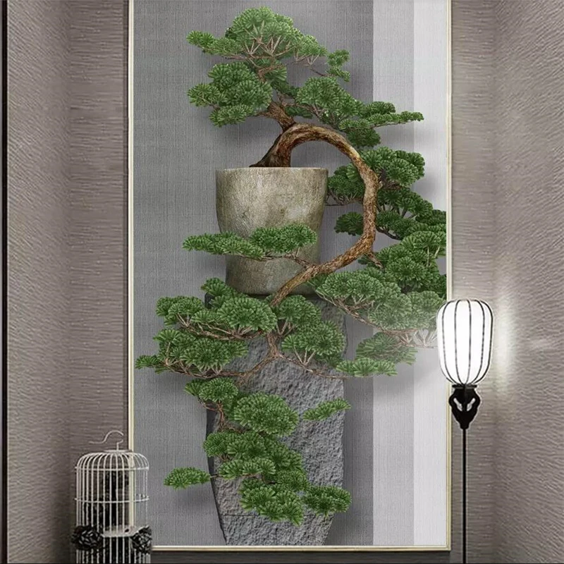 wellyu New Chinese Zen three-dimensional pine tree porch decorative painting custom large mural green wallpaper mural