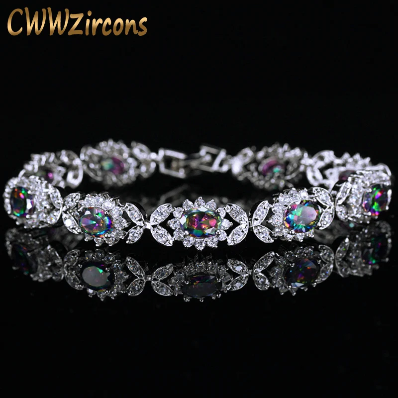 

CWWZircons Sparkling Big Round Oval Genuine Mystical Rainbow Fire CZ Crystal Bracelet for Women Jewelry Accessories Gift CB174