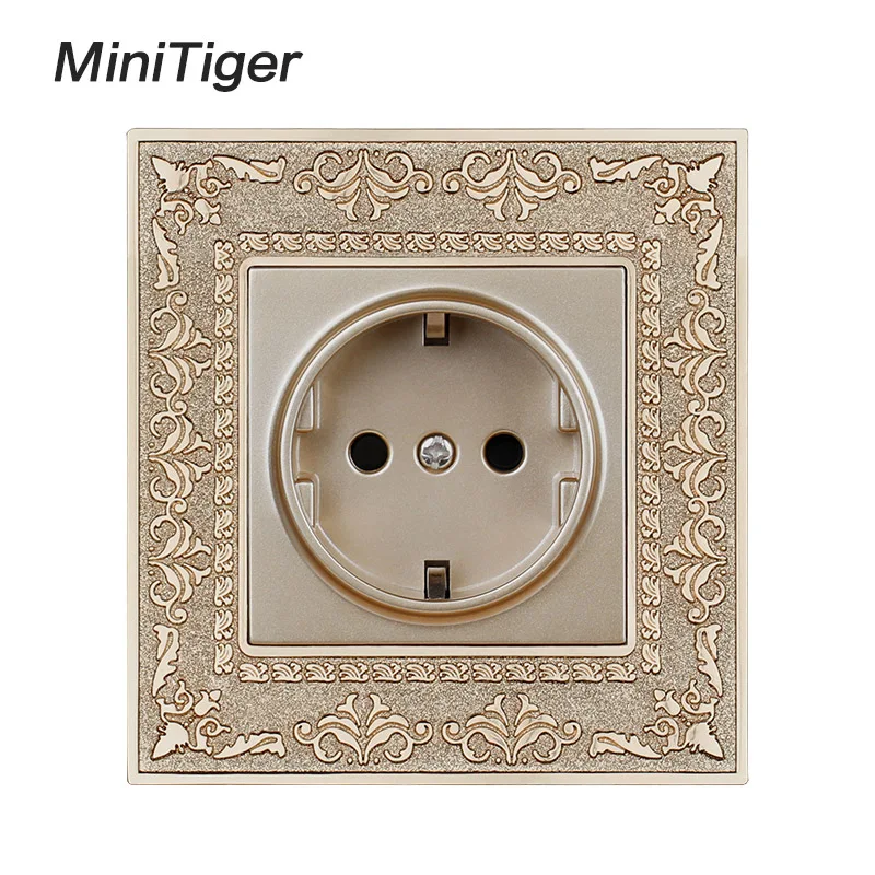 

Minitiger 16A EU Standard Gold Power Socket 4D Embossing Retro Zinc Alloy Panel Wall Power Socket AC 110~250V