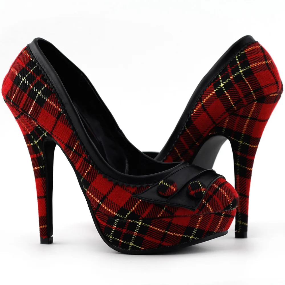 LF30441 Hot Pink/Red Checkered Buttons Platform Stiletto Party Pumps