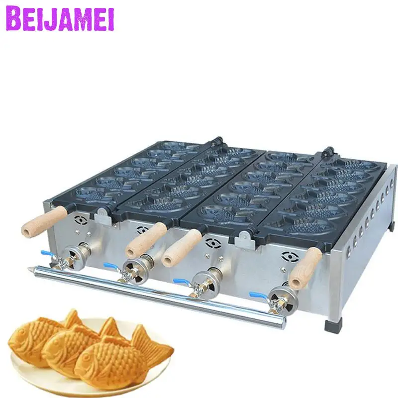 BEIJAMEI Most Popular LPG Gas Fish Shape Taiyaki Machine Double Plate 12pcs Commercial Gas Fish Taiyaki Waffle Maker