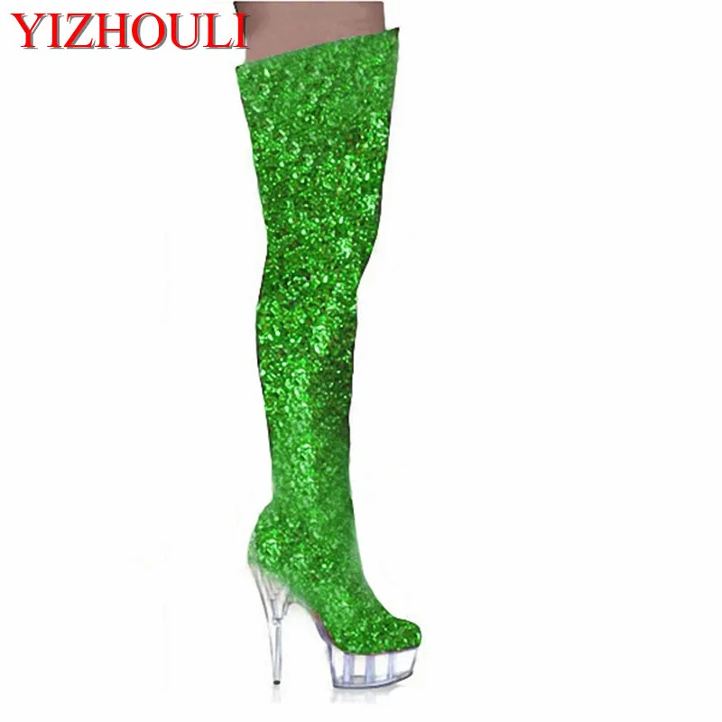 

15cm tall sexy boots high heels punk motorcycle boots gold glitter thigh high boots closed toe 6 inch ladies sexy Crystal shoes