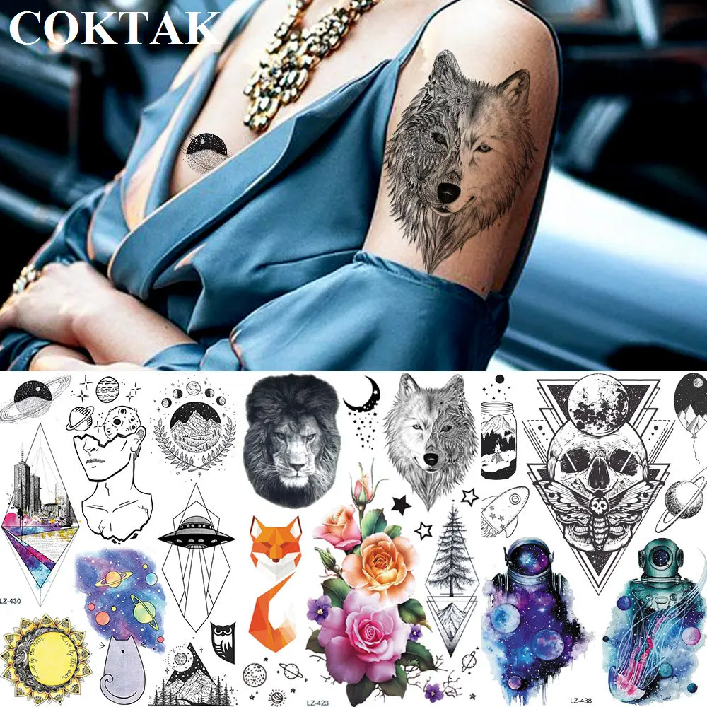 Временная тату COKTAK tebal Wolf Fox, для мужчин и женщин, хна тату, боди-арт, водонепроницаемая, Цветочная, фальшивая, бумажная наклейка для тату