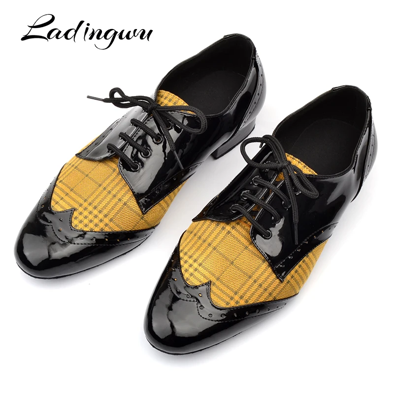 Ladingwu Men Low-heeled Dance Shoes Latin Dance Shoes Men Salsa Tango Ballroom Dance Shoes PU and Flannel Yellow Blue Lattice