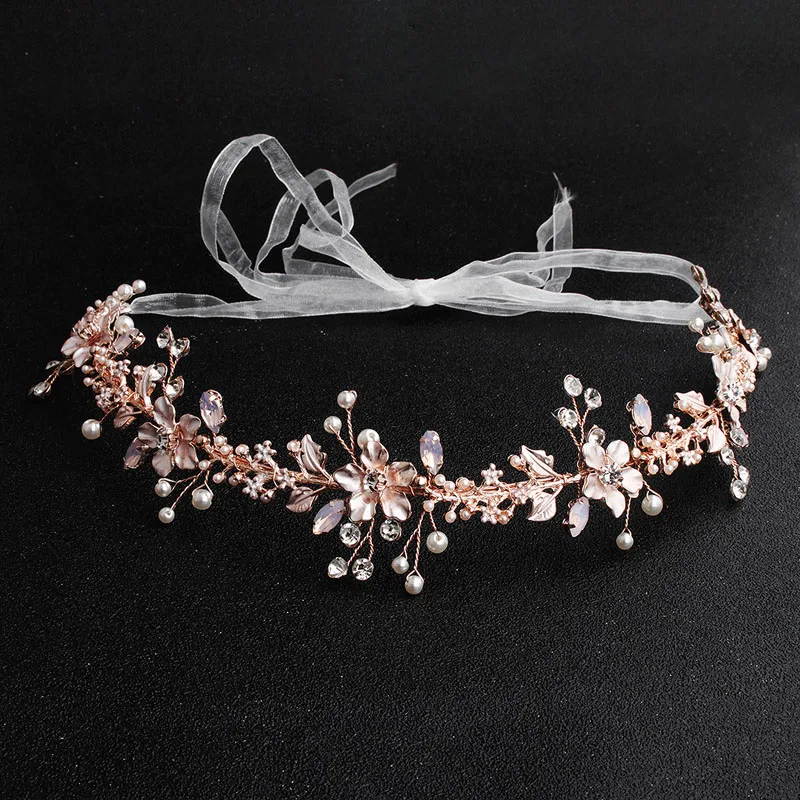 Floralbride Handmade Rose Gold Color Rhinestones Crystal Pearls Wedding Tiara Headband Bridal Hair Accessories Women Jewelry