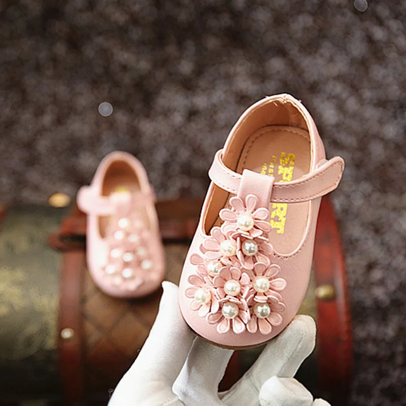 Girls Flowers Pearl Baby Toddler Shoes Children 's Leather Shoes of Autumn New Kids Princess Shoes