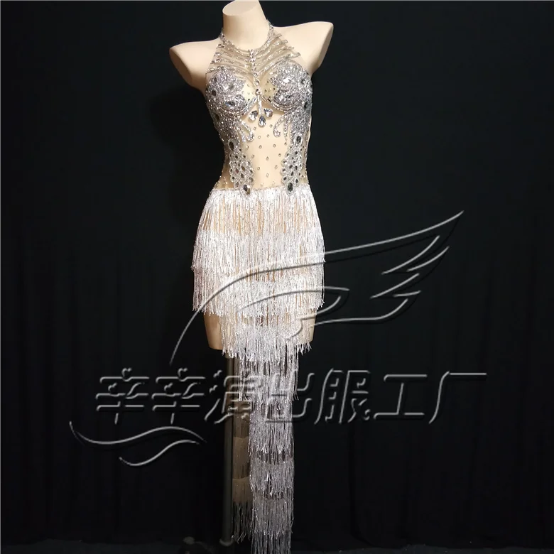 Women New White Tassel Silver Rhinestones Transparent Halter Dress Nightclub DJ Singer Tassels Dress Dance Team Stage Costume