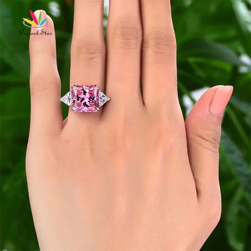 Peacock Star Solid 925 Sterling Silver Three-Stone Luxury Ring 8 Carat Fancy Pink Created Diamante CFR8156