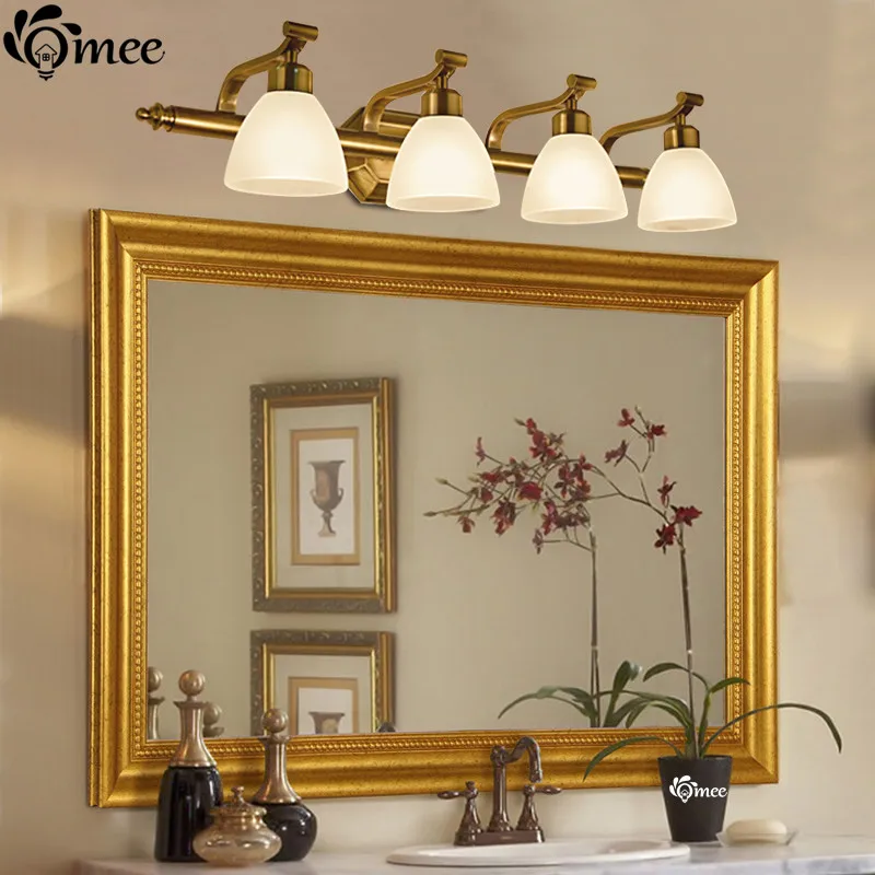 Omee Vintage LED Light Glass Lampshade Wall Lights retro Classical Bathroom Vanity Mirror Lamps Home Bronze Indoor Wall Lighting