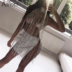 AKYZO 2025 Fashion Rhinestone Tassel Long Tank Tops Women Sexy Luxury Hollow Out Turtleneck Nightclub Party Show Carzy Top