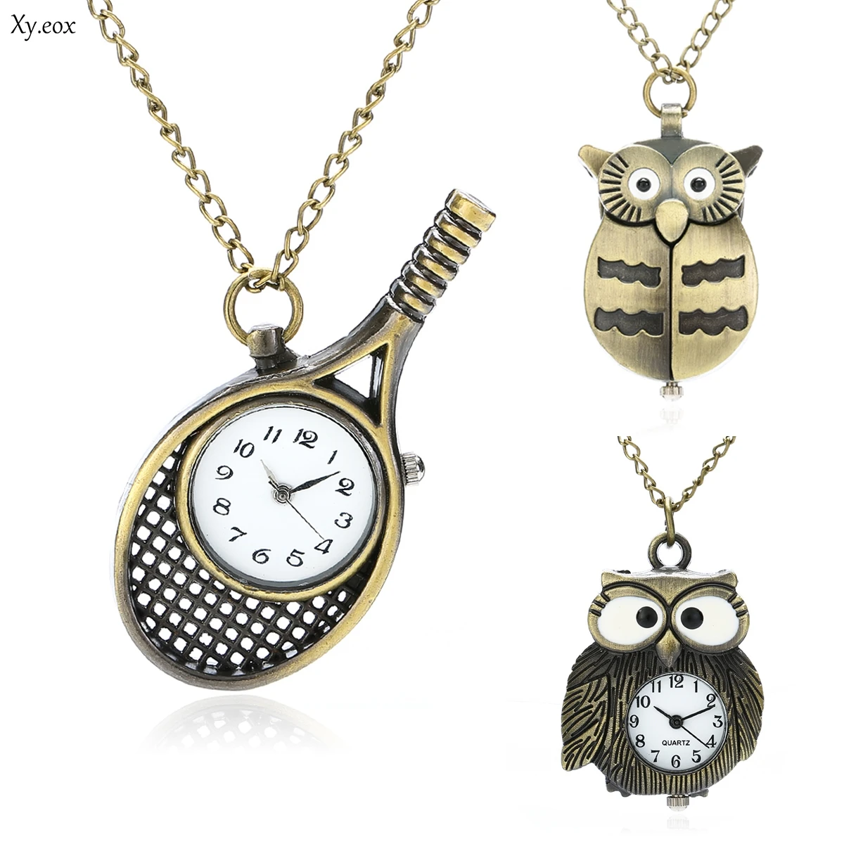 Women\'s Vintage Owl Tennis Racket Quartz Pocket Watch Necklace Pendant Gift