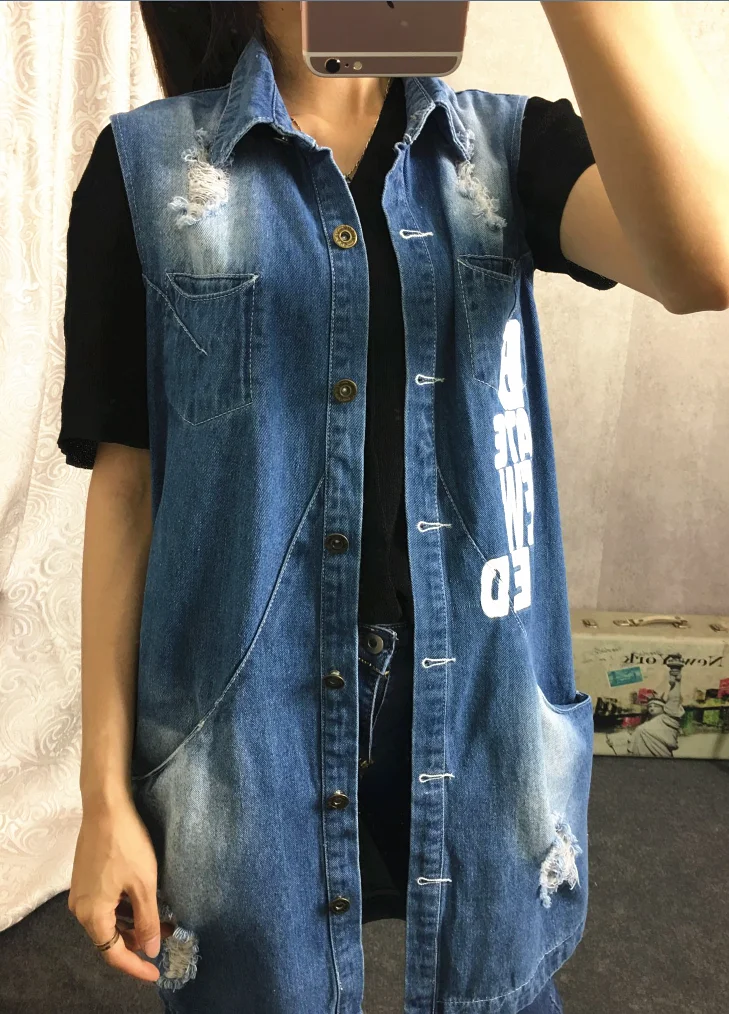 Plus Size 9XL Autumn Long Women\'s Denim Jacket Coat Hole Letter Oversize Casual Loose Jeans Jackets Female Outwear Windbreaker