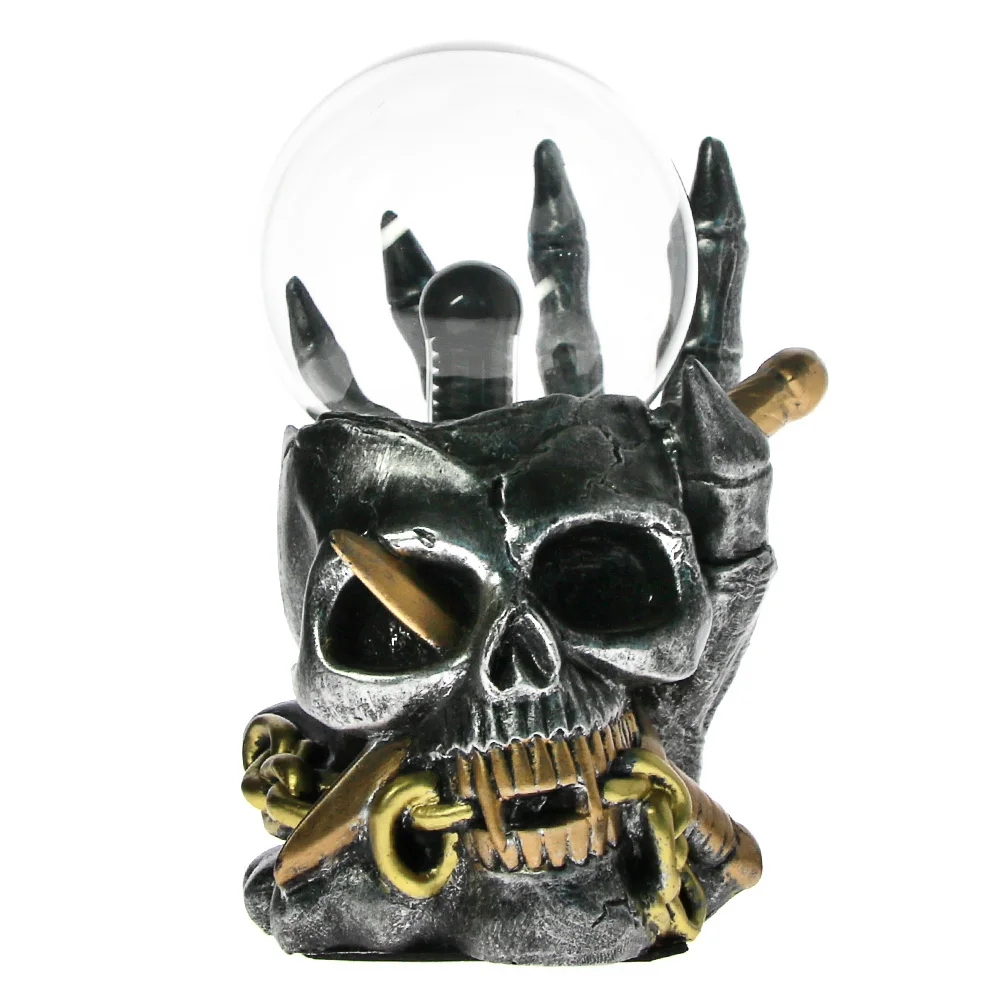 Viking Skull With Dagger Through Statue Figurine Electric Thunder Touch Sense Plasma Ball Lightning Skeleton Head Sculpture