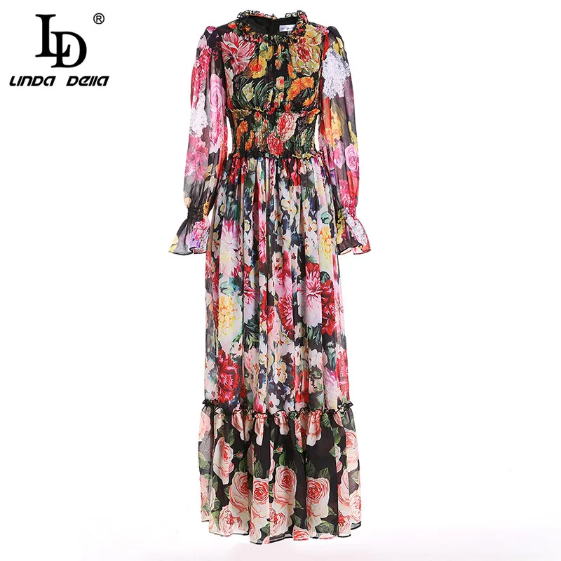 Imagem -05 - Linda Della Moda Pista de Verão Manga Longa Maxi Vestido Feminino Cintura Elástica Floral Impressão Elegante Festa Férias Vestido Longo ld