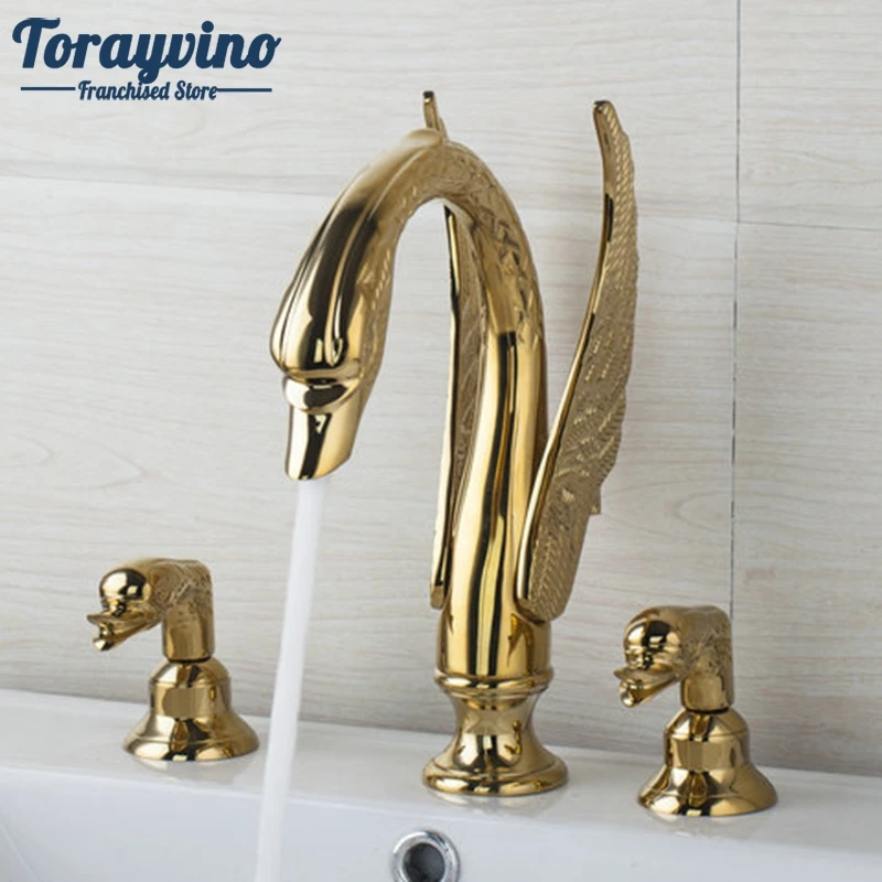 

Bathroom Luxury Golden Swan Waterfall 3 Pieces 2 Lever 97145 Deck Shower Bathroom Basin Sink Bathtub Torneira Tap Mixer Faucet