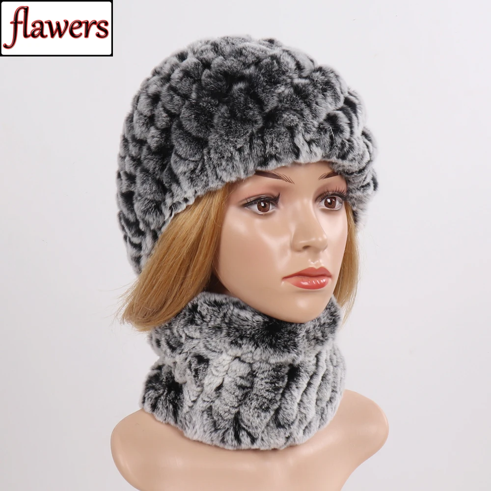 Women Knit Real Rex Rabbit Fur Hat Scarf Sets Natural Warm Rex Rabbit Fur Scarves Hat Winter Lady Real Rex Rabbit Fur Hat Scarf