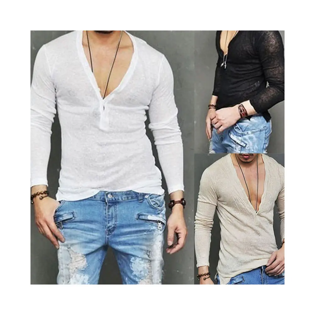 US Stock Fashion Men Casual Slim Fit Long Sleeve Deep V-neck Sexy Shirt T-shirts