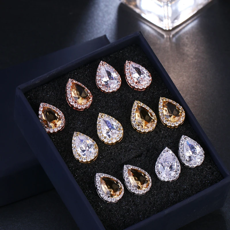 Emmaya Champagne and White Water Drop Cubic Zircon Stud Earrings Fashion Crystal Bridal Wedding Jewelry for Women Gift