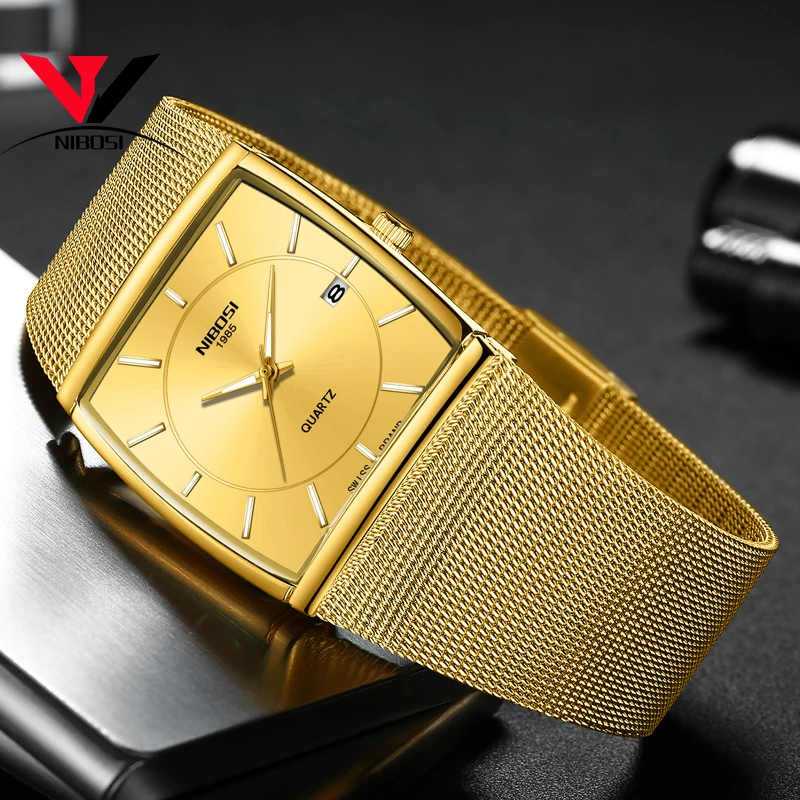 NIBOSI Business Fashion Mens Watches Top Brand Luxury Dress Casual Watch Mesh Strap Waterproof With Date Square Watch Uhren