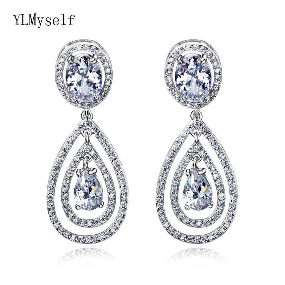 

Large luxury Real Sterling silver earring elegant crystal waterdrop white jewelry women jewellery big 925 earrings