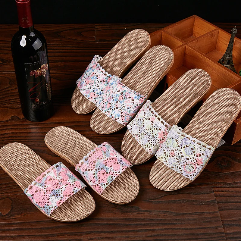 Mntrerm Female Cotton Flax Slippers Women Breathable Hollow Flat Slipper Summer Linen Shoes Indoor Non-slip Home Shoes Flip Flop