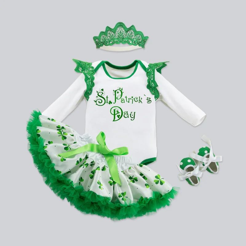 ST Patrick's Day Costume Baby Girls Outfit Bebe Kids Lace Romper Tutu Jumpsuit Overall Children Baby Infant Clothing 2PCS White