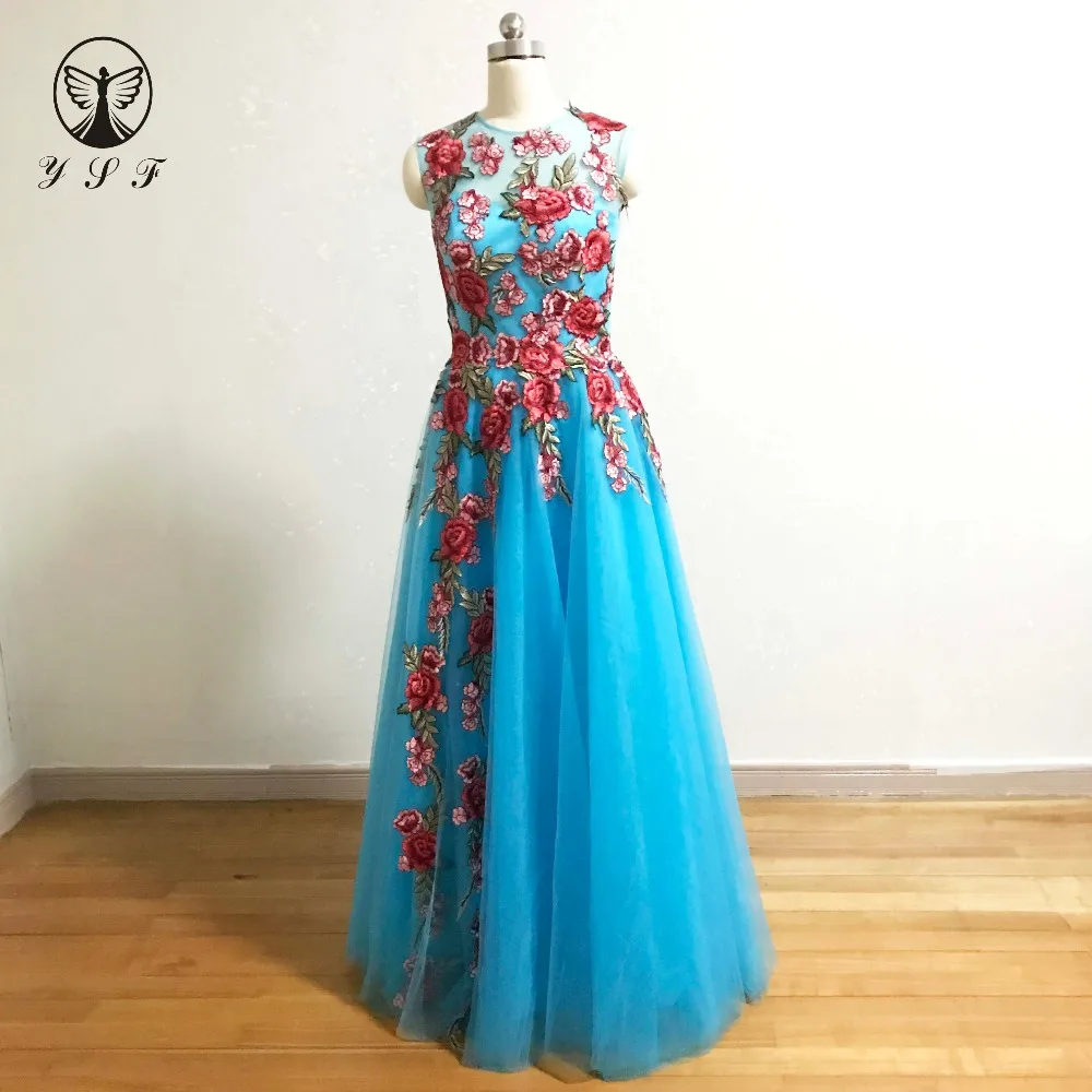 Blue O Neck Colorful Flowers Sleeveless Thigh Side Slit Floor Length Prom Dress