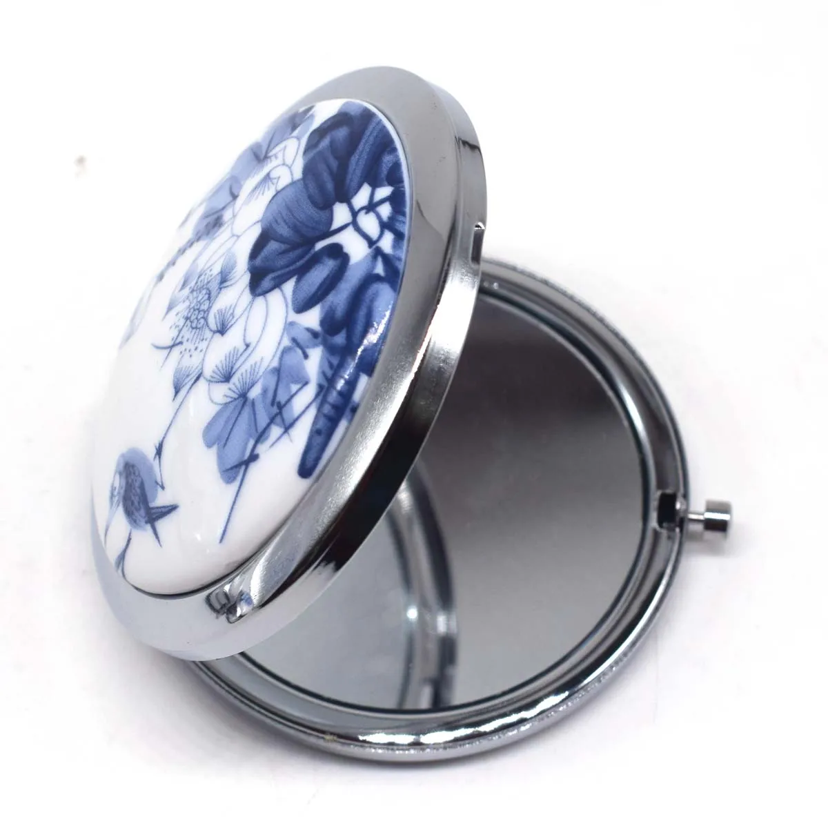 Miroir de maquillage de poche en porcelaine blanche et bleue, compact, pliable, portable, mini, rond, à main, vanité, outils