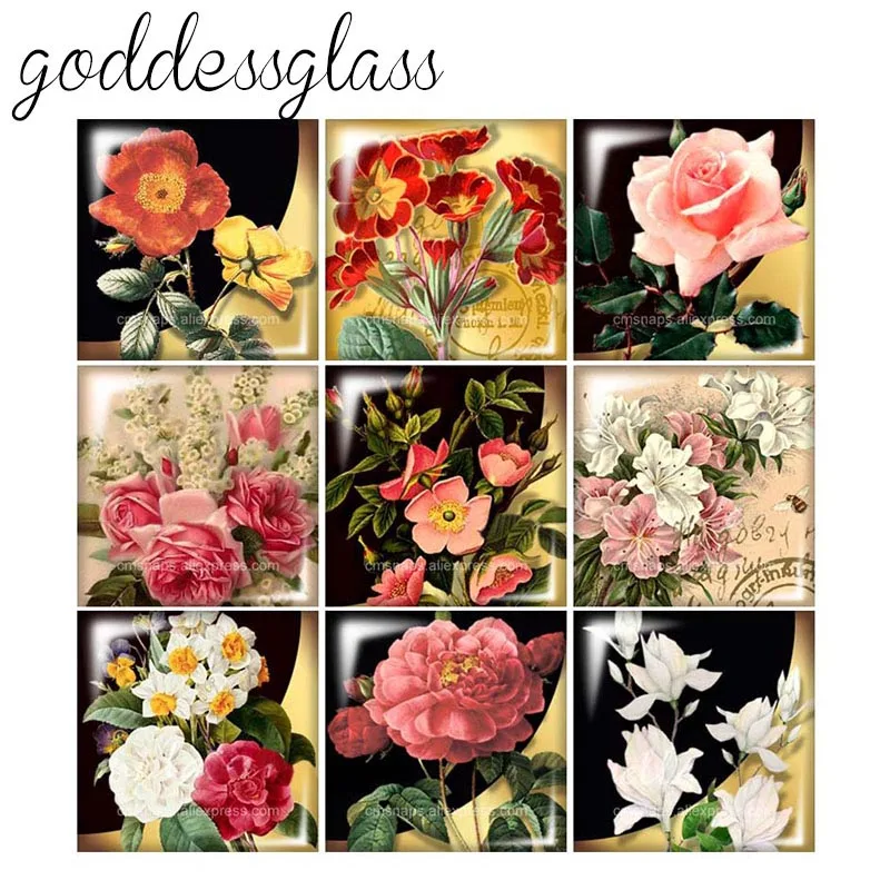 New Fashion Beauty Flowers Vintage Rose 12mm/20mm/25mm/30mm Square photo glass cabochon demo flat back Making findings