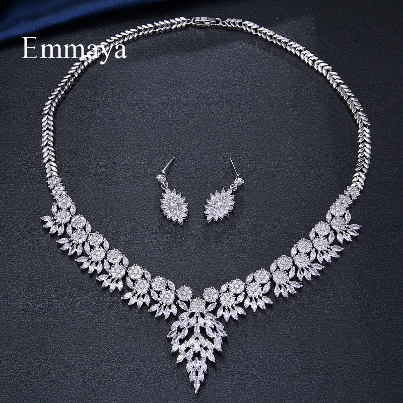 Emmaya Brand Sparkling Cubic Zirconia Crystal Zircon Flower Necklace and Earring Wedding Bridal Jewelry Sets Gift