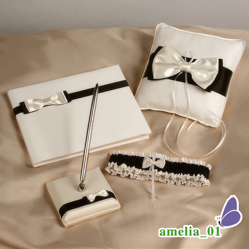 Bridal Bowknot Ring Pillow, Guest Book , Pen Set for Wedding Decoration, Wedding Ring Pillow Product, 3PCs per Set