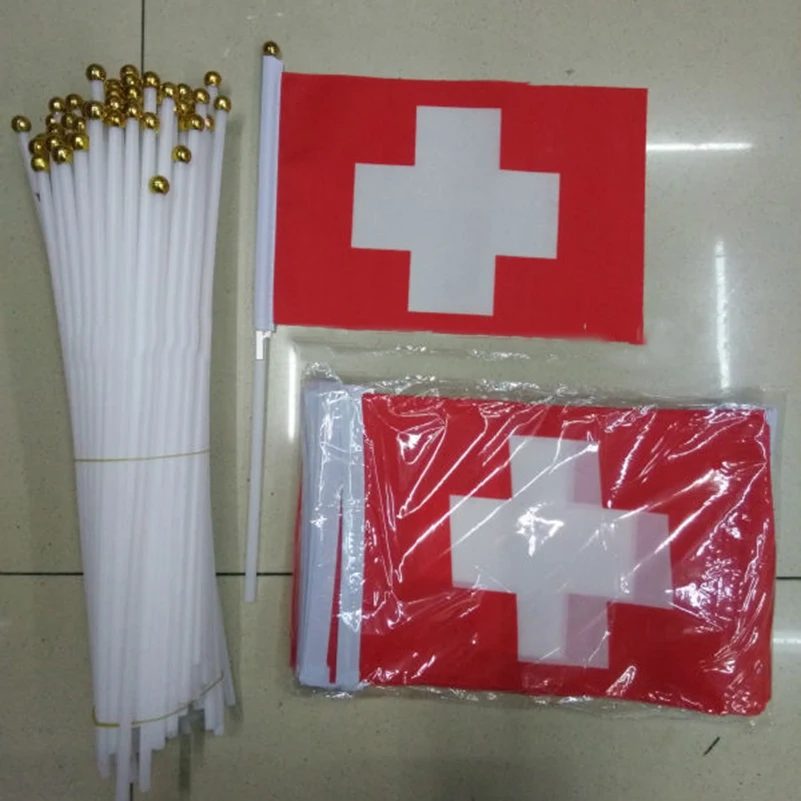 10pcs/pack Promotion Wholesale Small Switzerland Hand Waving National Flag 14*21cm #8 Polyester Swiss Flag