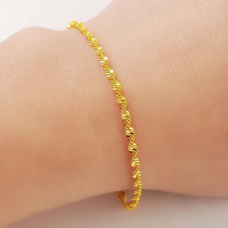 promotion sale Pure Gold Color 2mm water wave chain bracelet, Wholesale Fashion Original Gold Plated women\'s Jewelry Bracelet