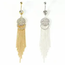 1pc Trendy Long Tassel Belly Button Ring with Rhinestone Charm Surgical Steel Navel Piercing Dangle Belly Piercing Body Jewelry